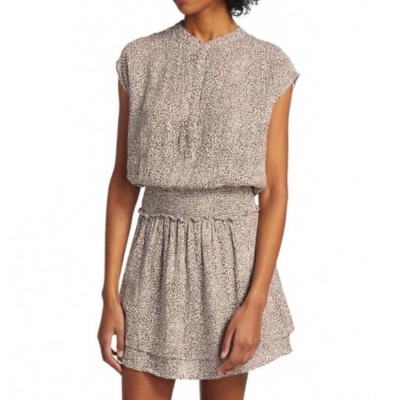 Rails Dresses & Skirts - Rails Angelina Dress Sand Cheetah Linen Blend Smocked Waist Mini Beige XS